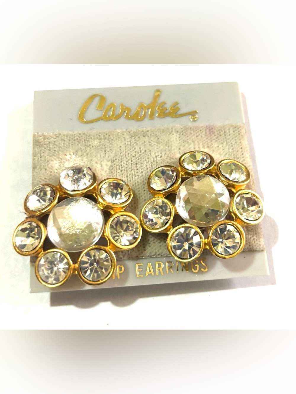 Carolee vintage Gold-Tone Floral Crystal Clip-On Earrings - Clear